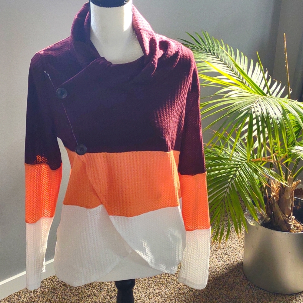 Cowl neck multi color light weight sweater